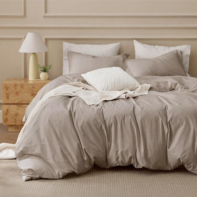 Bedsure 100% Washed Cotton Duvet Cover King Size - Tannish Linen Grey Minimalist Bedding Set 3-Piece - PureWoven Plain Simple & Soft Comforter Cover 3-Piece (Tannish Linen Grey, King, 104"x90")