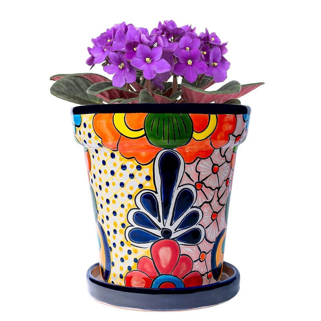 Mexican Pottery Planters - Talavera Planter - Mexican Yard Pottery - Ceramic Pots for Plants Indoor & Outdoor with Drainage Hole and Saucer - 6” W x 5.5” H (Cobalt Blue-Medium)