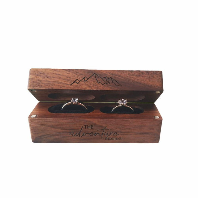 molchagar Handmade Walnut Wood Ring Box with Magnetic Lid Engraved 'The Adventure Begins' - Anniversary & Wedding Gift for Couples, Jewelry Storage Box, Keepsake Holder