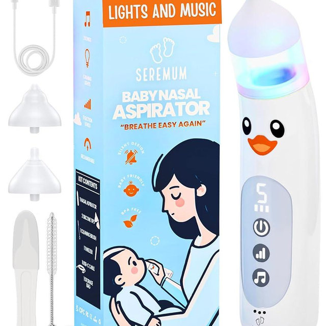 SEREMUM Nasal Aspirator for Baby Electric Nose Cleaner and Booger Sucker with LED Light and Music, Gentle Suction for Stuffy Nose, 5 Levels, USB-C Rechargeable, BPA-Free Silicone Tips, Easy to Clean