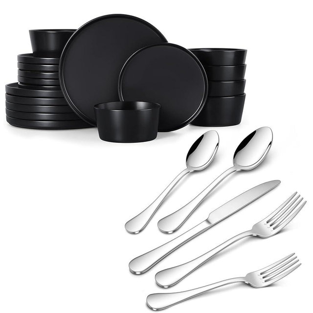 Herogo 18 Pieces Dinnerware with 18/10 Stainless Steel Silverware Set Service for 6, Dinner Plates and Bowls Sets, Stoneware Dishes Set for Kitchen, Microwave & Dishwasher Safe, Matte Black
