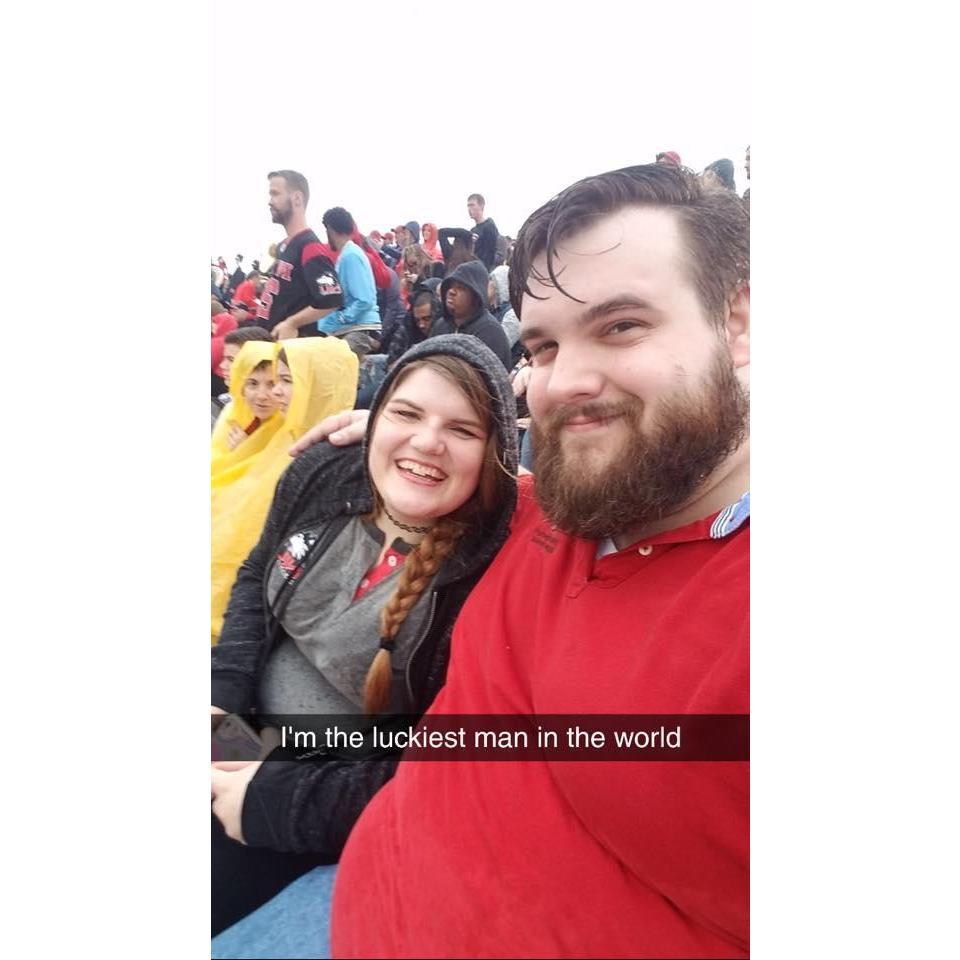 Mike visiting NIU for Homecoming and his birthday. It was so cold and rainy, but we had the best hotdogs for lunch.