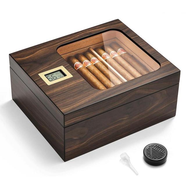 OTAKOKIT Cigar Humidor, Modern Glass Top Cedar Humidor Cigar Box with Digital Hygrometer, Humidifier, Handcrafted Cedar Wood Tray and Divider, Cigar Case Holds 25-50 Cigars, Cigar Accessories for Men
