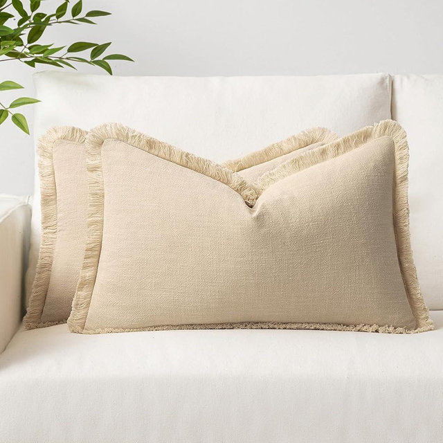 MIULEE Set of 2 Linen Throw Pillow Covers Decorative Lumbar Pillow Covers Farmhouse Style Boho Cushion Covers Beige Pillow Covers with Fringe for Living Room 12x20 Inch