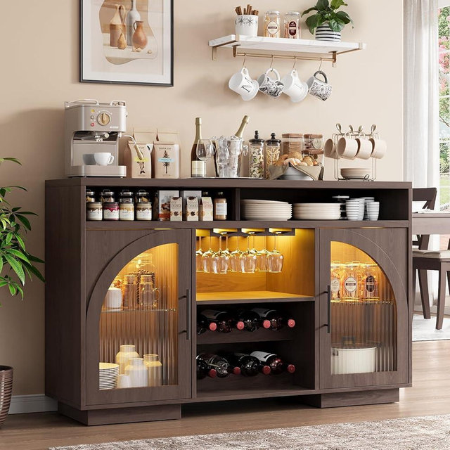 Sideboard Buffet Cabinet, 54" Kitchen Cabinet with LED Lights & Arched Glass Doors, Tall Bar Cabinets with 2 Adjustable Shelves, Wine Rack & Storage Table for Dining Room, Kitchens, Brown