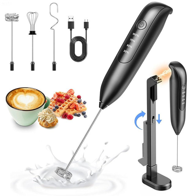 Dynooper Electric Milk Frother Handheld: coffee frother rechargeable 3 in 1 - LED Display, Wireless Charging - 3 Speeds, Stainless Steel Whisk for Latte, Cappuccino - Bright Grey