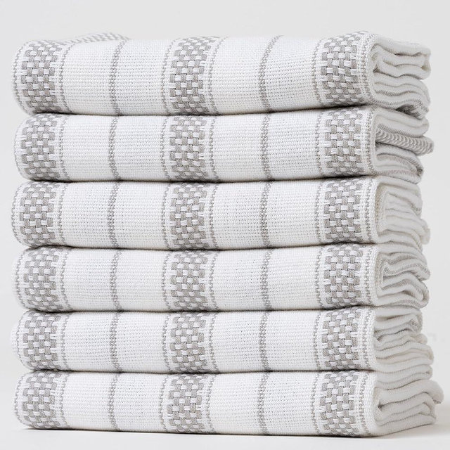 Casa De Lan Cotton Dish Towels Set of 6 - Dish Wipes for Kitchen - Chain Stripe Towels - Tea Towels for Kitchen - Hand Cloths - 100% Ring Spun Cotton - 20'' x 30'' - Light Grey