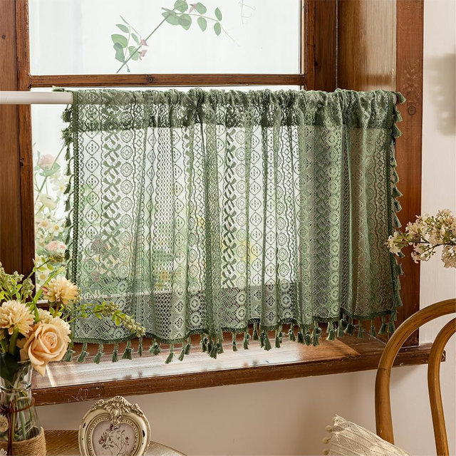 Sutuo Home Olive Green Boho Window Curtains Valance 18 inches Long 2 Panels, Farmhouse Lace Sheer Closet Decor Crochet Privacy Vintage Bohemian Tassels Retro Small Kitchen Curtains Rod Pocket, 50" W