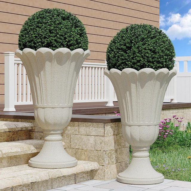 seethmi 23" Tall Planters for Outdoor Plants Set of 2, Planter with Drainage Holes and Petal Design, Large Outdoor Planters for Porch, Garden, Indoor, Beige