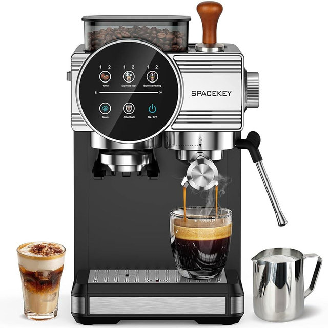 Spacekey Espresso Machine with Grinder, 20 Bar Coffee Machine with Milk Frother, Cold Brew, 30 Grind Settings, 60oz Removable Tank for Lattes, Cappuccinos, Americano