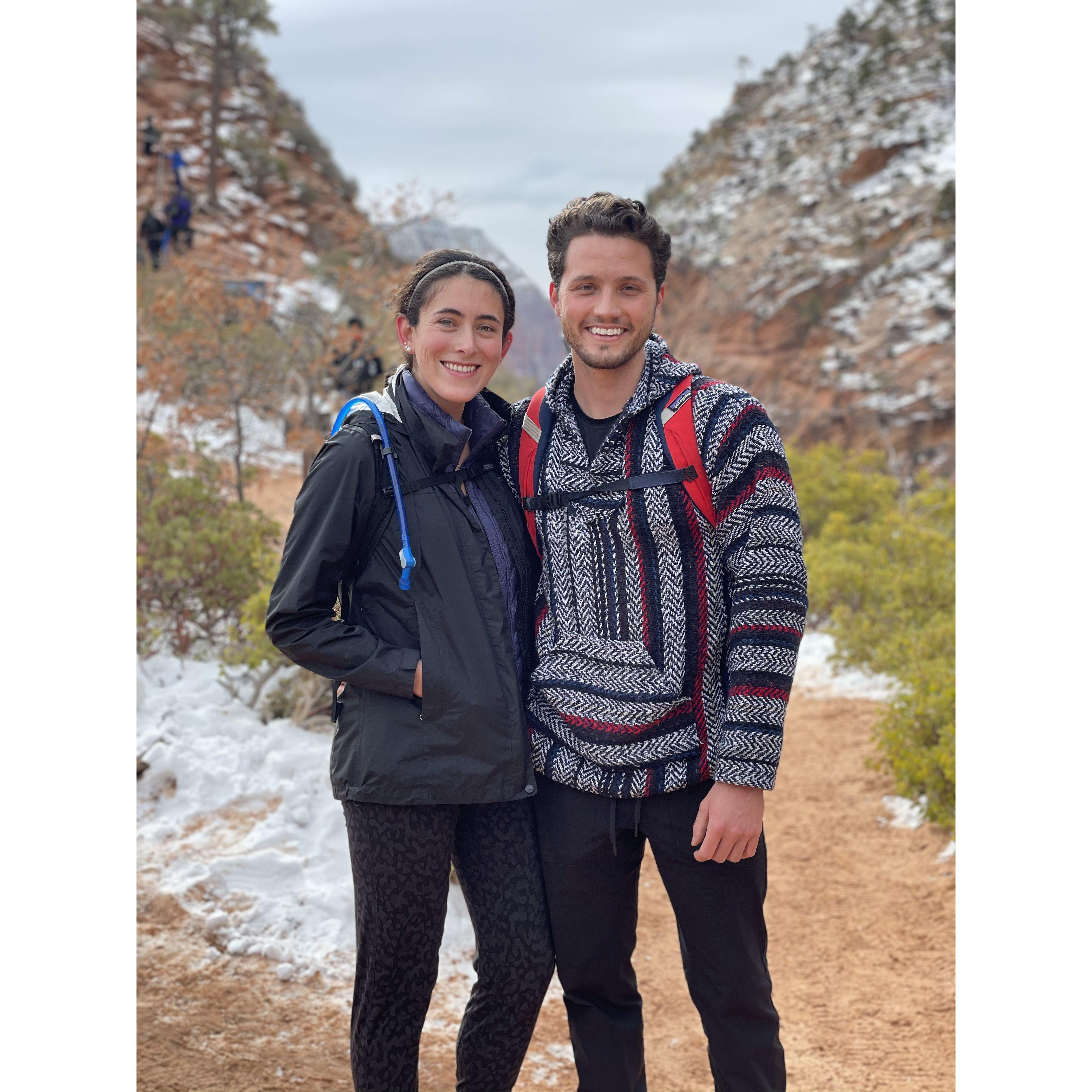 December 2020 at Zion National Park, in front of Angels Landing (we did not make it to the top, learned we're afraid of heights - Alfredo more so than Zola)