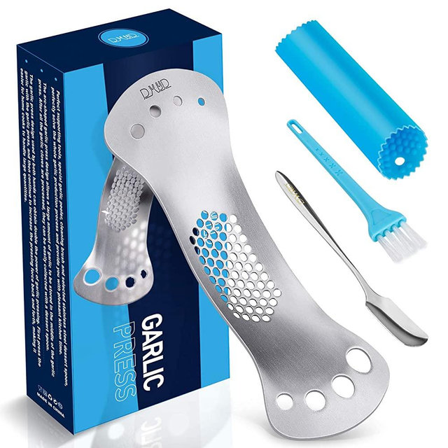 DXYD Garlic Press Rocker, Leaf Herb Stripper, Stainless Steel Garlic Press Rocker, Garlic Mincer Crusher, Featured Matching Dessert Spoon and Silicone Roller Peeler and Cleaning Brush