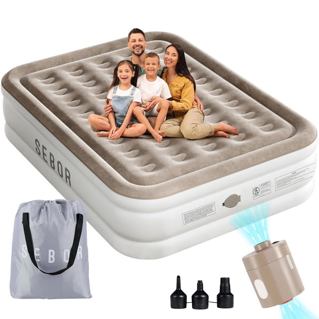 Sebor Air Mattress Queen with Built in Pump, 18" Ultimate Comfort Blow up Mattress Queen with Rechargeable Pump, Colchon Inflatable Mattress for Home, Guest, Camping & Office, Air Bed 650lbs Max