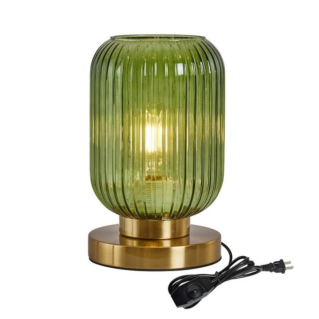Glass Table Lamps Mid Century Modern Globe, Dimmable Green Glass Table Lamp for Nightstand, Small Gold Table Lamp, Green Pumpkin Design Ribbed Glass Vintage Bedside Lamp for Bedroom Living Room Office