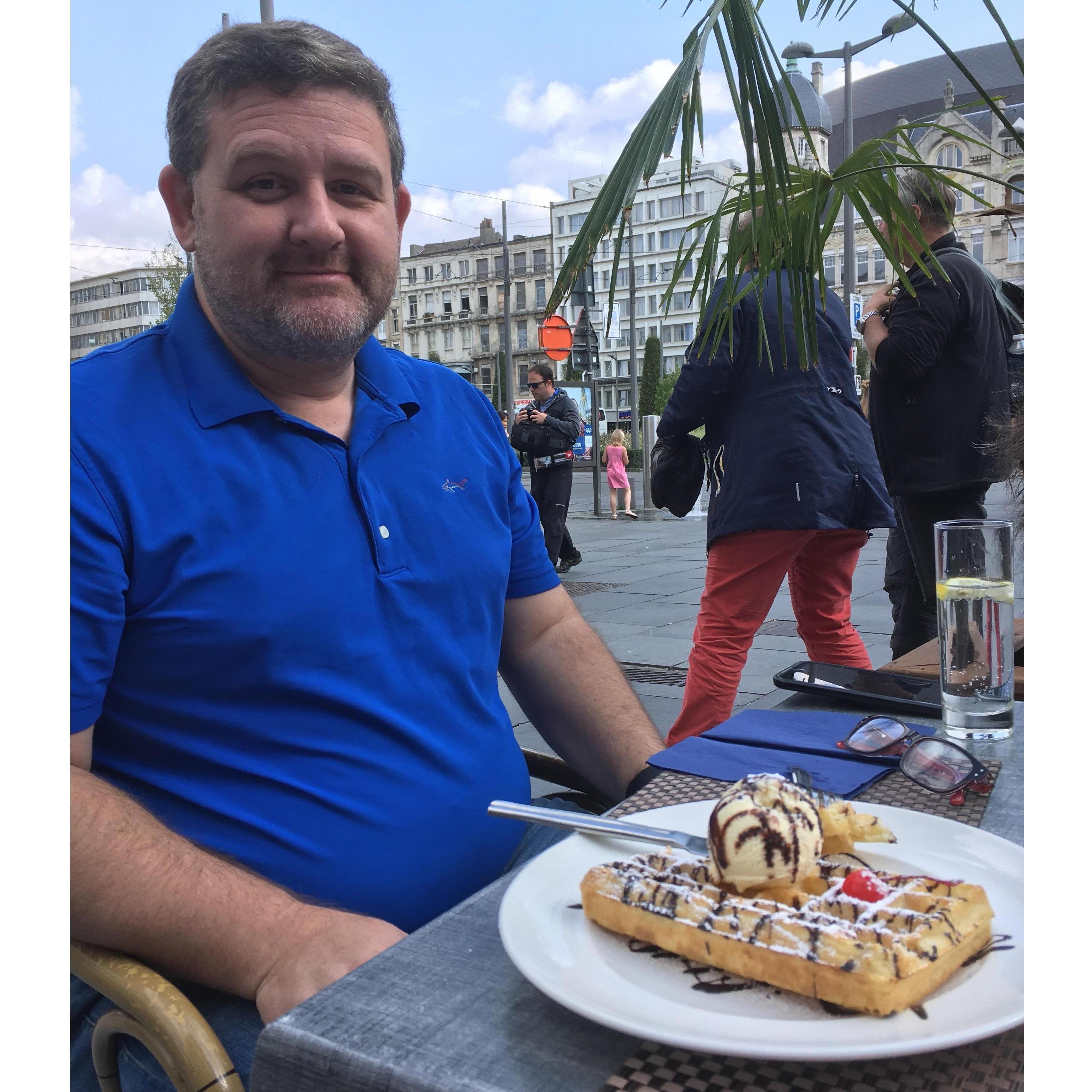 Trying Belgian waffles in Antwerp