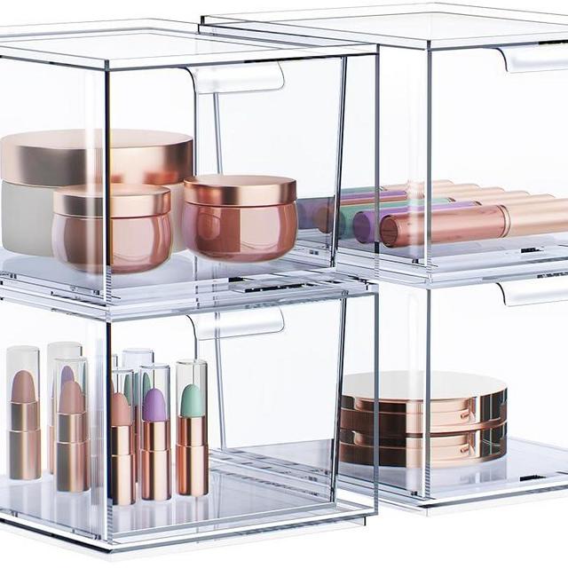 Sorbus 4 Pack Makeup Organizer - Clear Stackable Acrylic Drawer Organizer for Vanity, Bathroom, Undersink, Cabinets, Jewelry, Stationary, Plastic Storage Bins for Office Organization and Storage