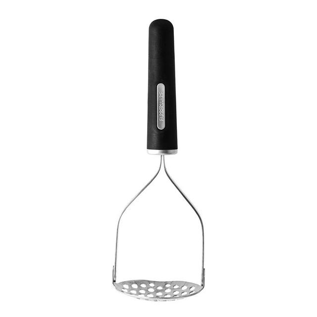Farberware Professional Soft Handled Potato Masher Heavy-Duty Concave Head with Flat Tip for Easy Resting Stainless Steel , 10-Inch, Black
