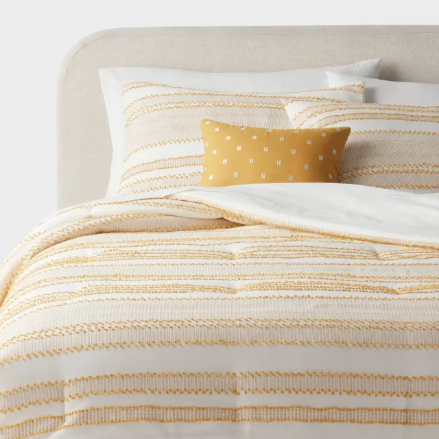 8pc Queen Clipped Jacquard Striped Comforter and Sheet Set Yellow - Threshold™