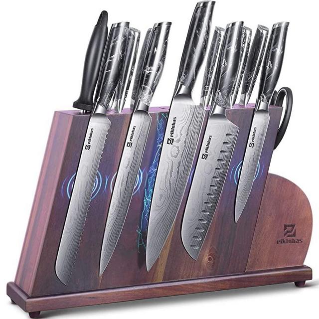 Piklohas Knife Sets With Magnetic Knife Holder, 14 Pieces Chef Knife Block Set, German Premium Quality Stainless Steel Damascus Pattern Cutlery Knifes With Self Sharpening And 6 Steak Knives, Black