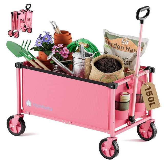 Hombetta Collapsible Wagon Cart with Wheels, 150L Lightweight Foldable Utility Cart, Portable Rolling Wagon for Garden, Shopping, Sports, Camping, Transport, Pink