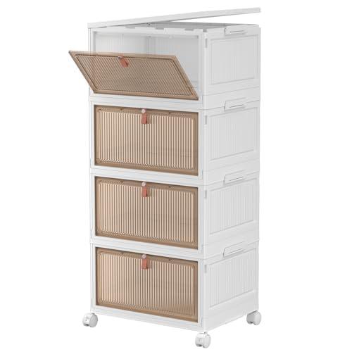 4 Tier Plastic Storage Bins with Lid 28QT - Stackable Storage Containers with Wheels, Folding Storage Boxes, Collapsible Storage Bins, Closet Organizers and Storage for Living Room,Office,Dorm