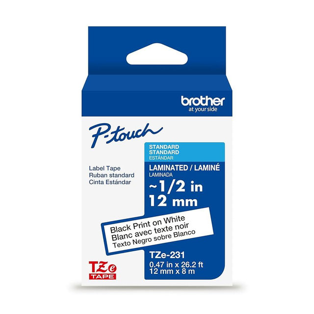 Brother Genuine TZe231~1/2” Black Print on White Label Tape. Each: 0.47 in x 26.2 ft (12 mm x 8 m)