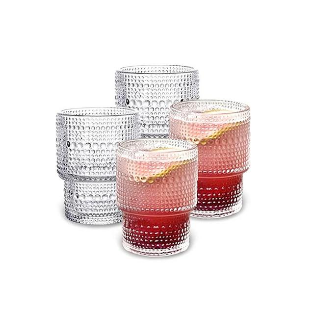 Glass Cups Vintage Glassware | Set of 4 Small, Raindrop Origami Style Transparent Cocktail Glasses Set, Beaded Detailing Pattern Ice Coffee Cup Juice Drinkware, Clear, 190ml (S)
