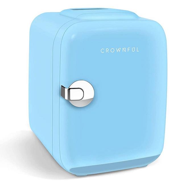 CROWNFUL Mini Fridge, 4 Liter/6 Can Portable Cooler and Warmer Personal Fridge for Skin Care, Cosmetics, Food,Great for Bedroom, Office, Car, Dorm, ETL Listed (Blue)