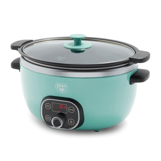 GreenLife 8QT Slow Cooker, Non-Toxic PFAS-Free Ceramic Nonstick Removable Interior Bowl, Programmable, Family Friendly, Keep Warm, Stovetop & Oven Safe, Dishwasher Safe Crock, Glass Lid, Turquoise