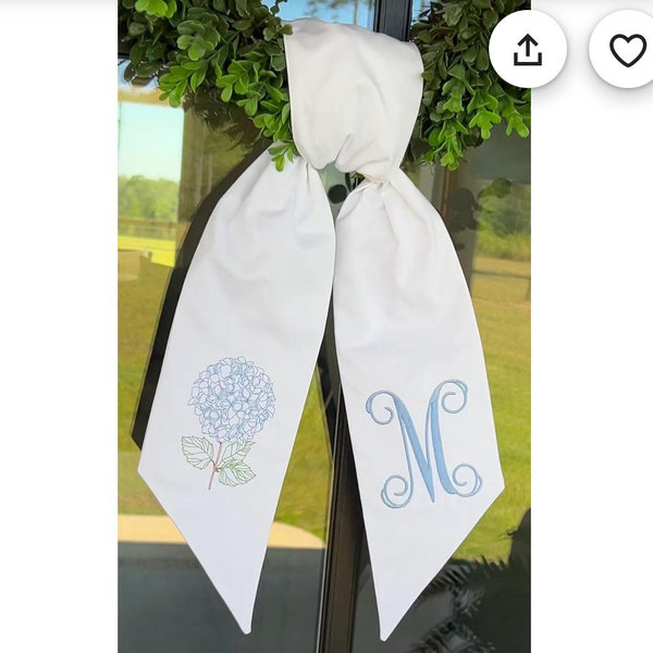 Hydrangea Wreath Sash Embroidered Front Door Decor Monogram Front Door Decor
