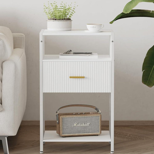 JOONEE White Side Table, Modern Nightstand with Drawer, Fluted Bedside Table with 3 Storage Shelves for Living Room, Bedroom (White)