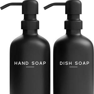 Black Glass Hand and Dish Soap Dispenser Set by Brighter Barns - Kitchen Soap Dispenser Set & Pump - Glass Bottles for Kitchen Sink - Modern Farmhouse Counter Decor, Neutral Home Decor, Gifts (Black)