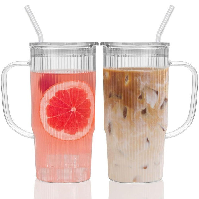 GOSCHE Glass Cups with Lids and Straws, Glass Tumbler with Handle for Iced Coffee, Tea, Juice, Smoothies, 24oz Drinking Cup with Plastic Lid for Hot & Cold Beverages, 2 Pcs