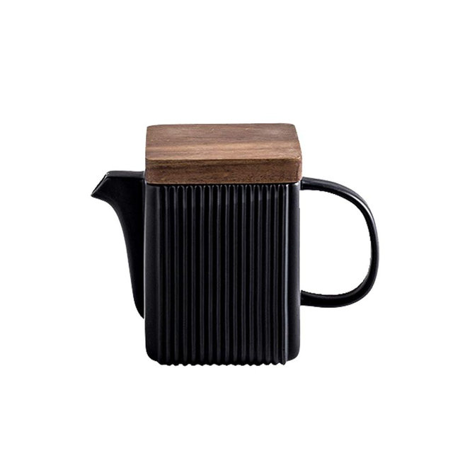 Square Tea Sets Black Porcelain Ceramic Teapot 21oz Coffee Serving Pot Tea Set with Stainless Steel Infuser Wood Lid for Flower Tea Coffee, Matte White Black (Black pot)