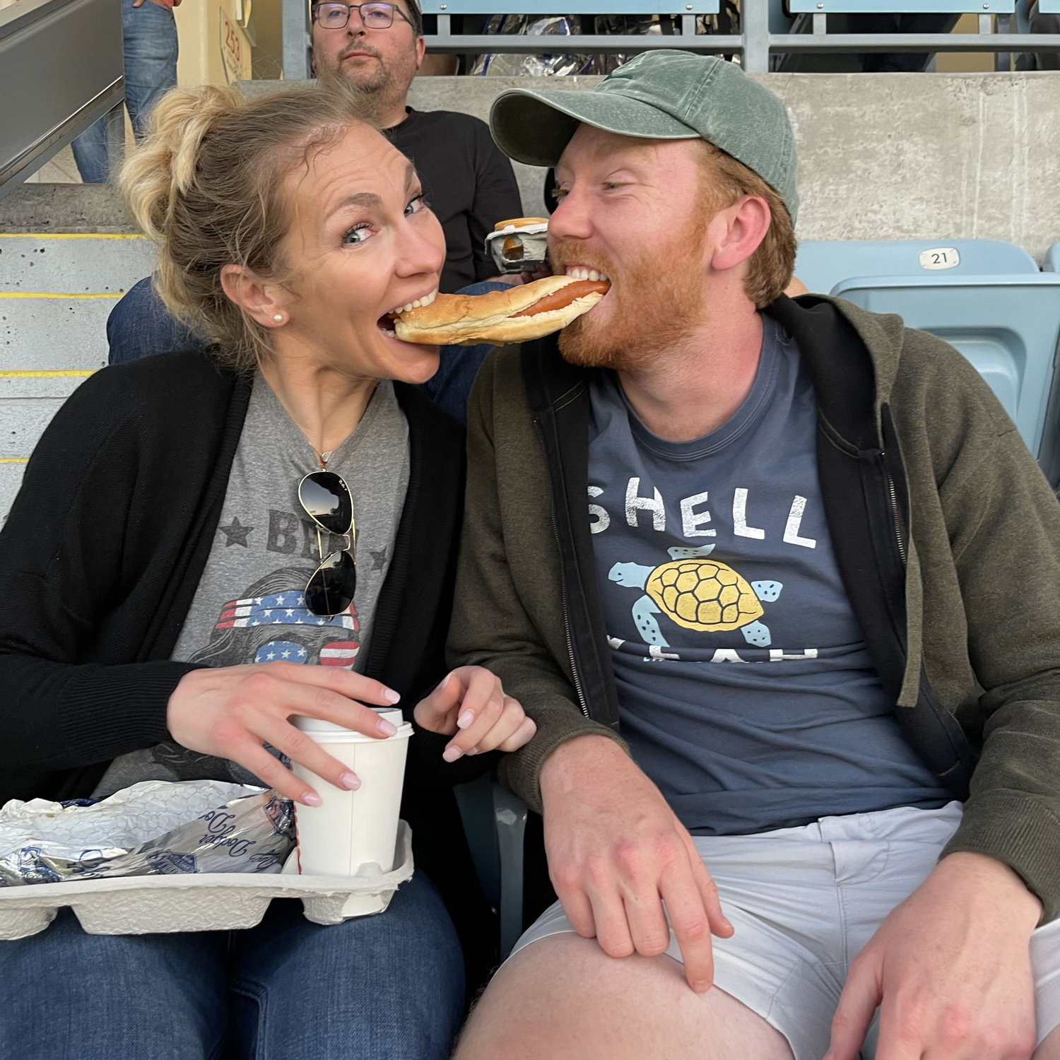 Two of Carson's favorite things in one photo! Hot dogs and his turtle shirt.
Two of Katie's least favorite things in one photo! Dodger Stadium and being cold
