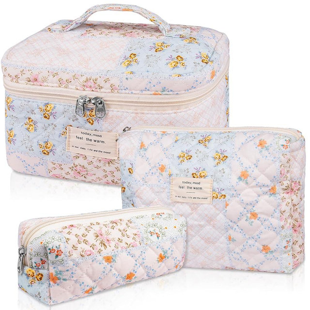 Makeup Bag Set, Quilted Makeup Bag, Large Floral Cosmetic Bag for Women, Cute Cotton Makeup Bags, Flower Travel Toiletry Organizer Bag (Folk Style)