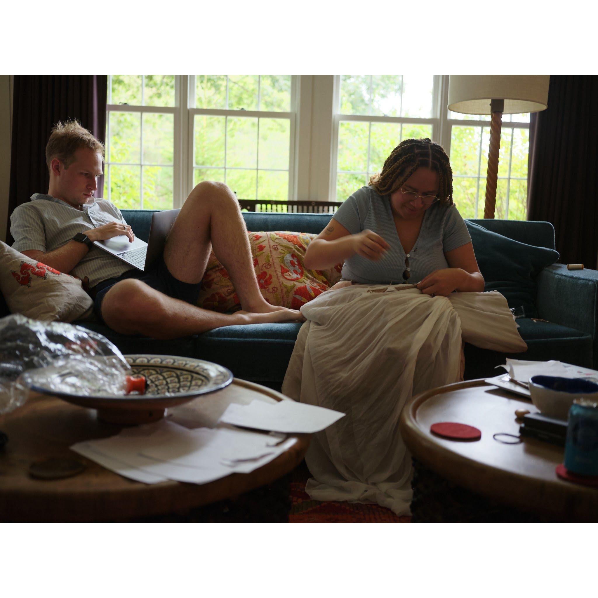 Last minute preparations. Arthur wrote his vows the morning of and Miki was still working on the dress...