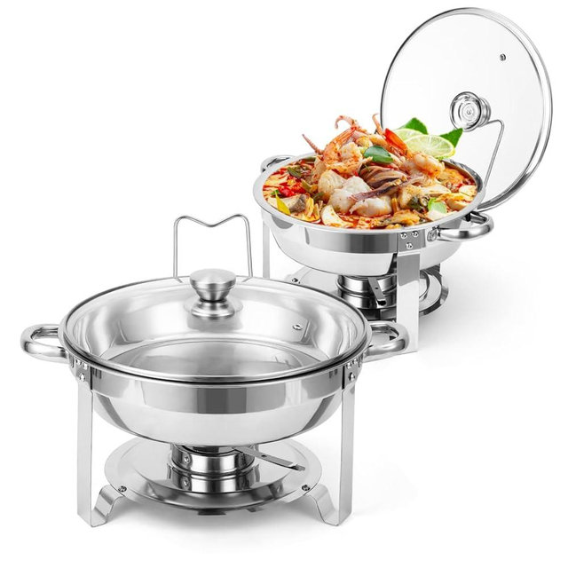 Takywep Chafing Dishes for Buffet Set of 2, 5QT Buffet Servers and Warmers, Round Catering Food Warmers Stainless Steel Chafing Dish Buffet Set with Glass Lid & Lid Holder for Parties Events, Silver