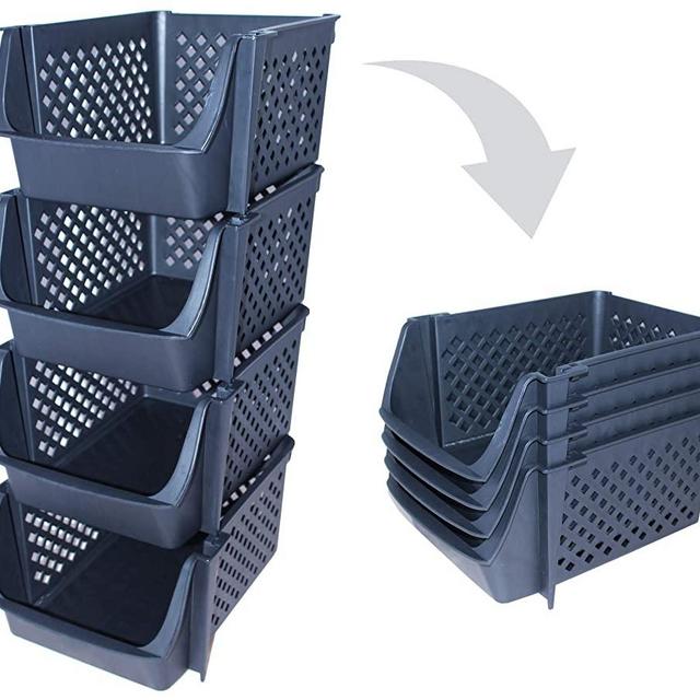 Skywin Plastic Stackable Storage Bins for Pantry - 4-Pack Black Stackable Bins for Organizing Food, Kitchen, and Bathroom Essentials (Oval)