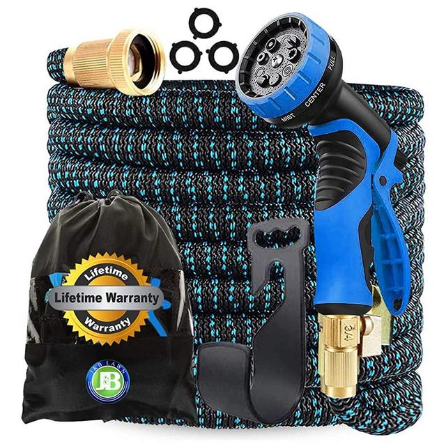 J&B XpandaHose 100ft Expandable Garden Hose with Holder - Heavy Duty Superior Strength 3750D - 4 -Layer Latex Core - Extra Strong Brass Connectors and 10 Spray Nozzle w/Storage Bag (Blue 100)