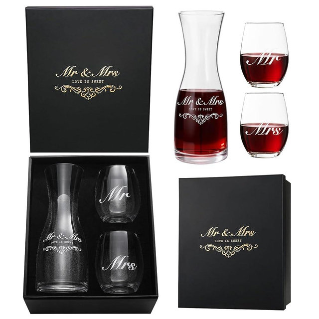 AW BRIDAL Mr Mrs Wine Glasses Wedding Gifts for Couples Bridal Shower Gifts for Bride Anniversary Engagement Gift Newlyweds Wedding Wine Glasses Decanter Carafe