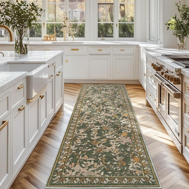 jinchan Floral Washable Runner Rug 2x6 Vintage Spring Hallway Rug Non-Slip Lightweight Soft Thin Kitchen Low Pile Distressed Orange Green Carpet for Bathroom Laundry Room Bedroom Entryway