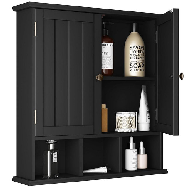 ChooChoo Bathroom Cabinet Wall Mounted 2-Door with 3 Open Shelves， Wooden Medicine Cabinets with Adjustable Shelf，Space Saver Storage Cabinets Over The Toilet for Bathroom&Living Room，Black