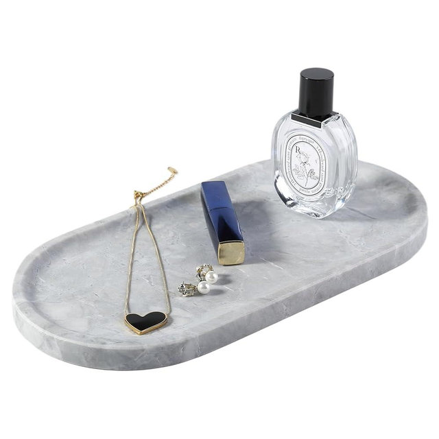 Koville Grey Marble Tray for Bathroom Countertop, 12"x6" Vanity Decorative Marble Tray for Dresser, Stone Catchall Trays for Perfume, Candles, Jewelry, Stone Gray Storage Trays for Home Decor
