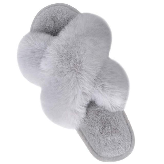 Women's Cross Band Slippers Soft Plush Furry Cozy Open Toe House Shoes Indoor Outdoor Faux Rabbit Fur Warm Comfy Slip On Breathable