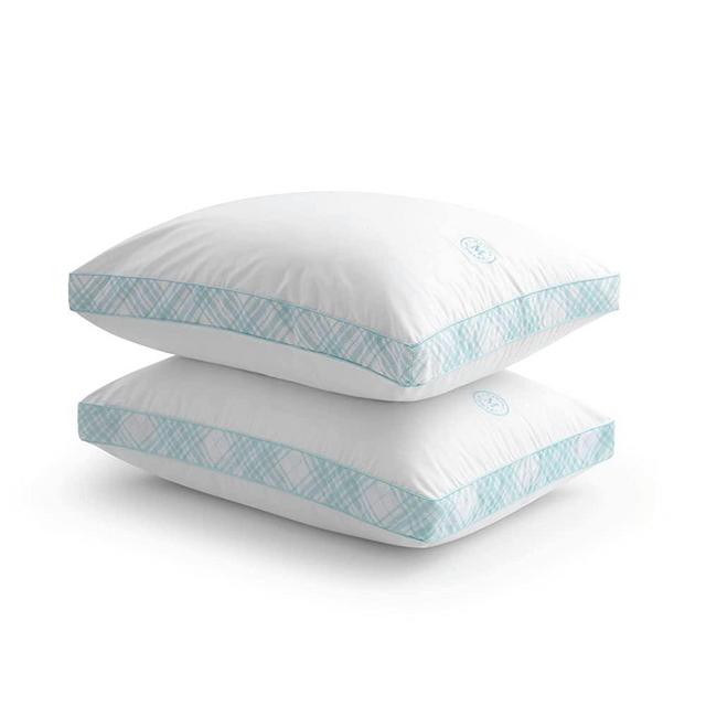 MARTHA STEWART Classic Collection Sleeper Gusseted Bed Pillows, Standard, White/Blue 2 Count