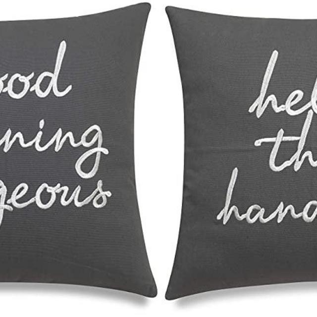 EURASIA DECOR Set of 2 Pcs Hello Handsome Good Morning Gorgeous Embroidered Square Accent Throw Pillow Cover - Gift for Wedding, Couple, Anniversary, Bedroom Decor - 18x18 Inches, Dark Grey