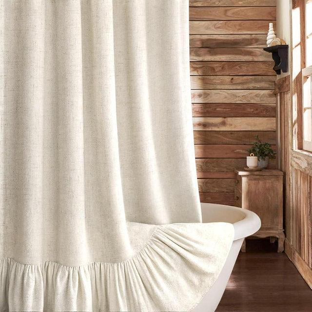 XOGUIBO Farmhouse Shower Curtain with Ruffle Hem Linen Cream Shower Curtains for Bathroom Country Vintage Rustic Natural Fabric, 72" W x 96" L