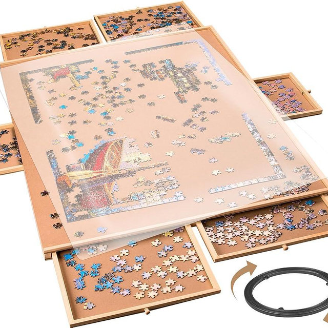 1500 Pieces Rotating Puzzle Board with 6 Storage Drawers & Protective Cover - Wooden Jigsaw Puzzle Table for 1500 Pieces - for Family Games, Home Entertainment & Puzzle Building