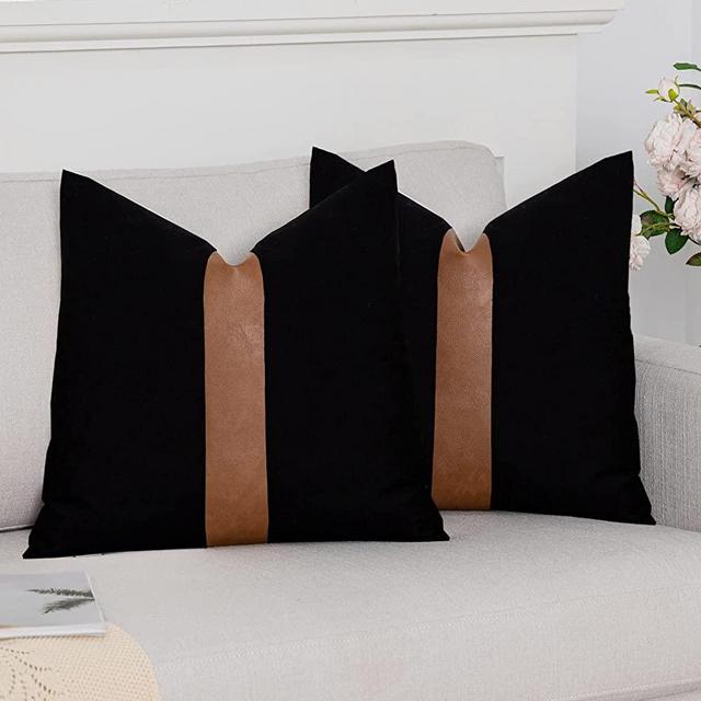Vfuty Set of 2 Black and Brown Couch Pillow Covers 18x18 Modern Stripe Farmhouse Decorative Throw Pillow Cover for Couch Living Room Bedroom,Faux Leather Black Accent Pillow Case Boho Home Decor